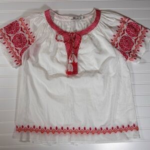 Vinyard Vines Boho Embroidered Top White Pink Red Medallion Cotton Blouse Small